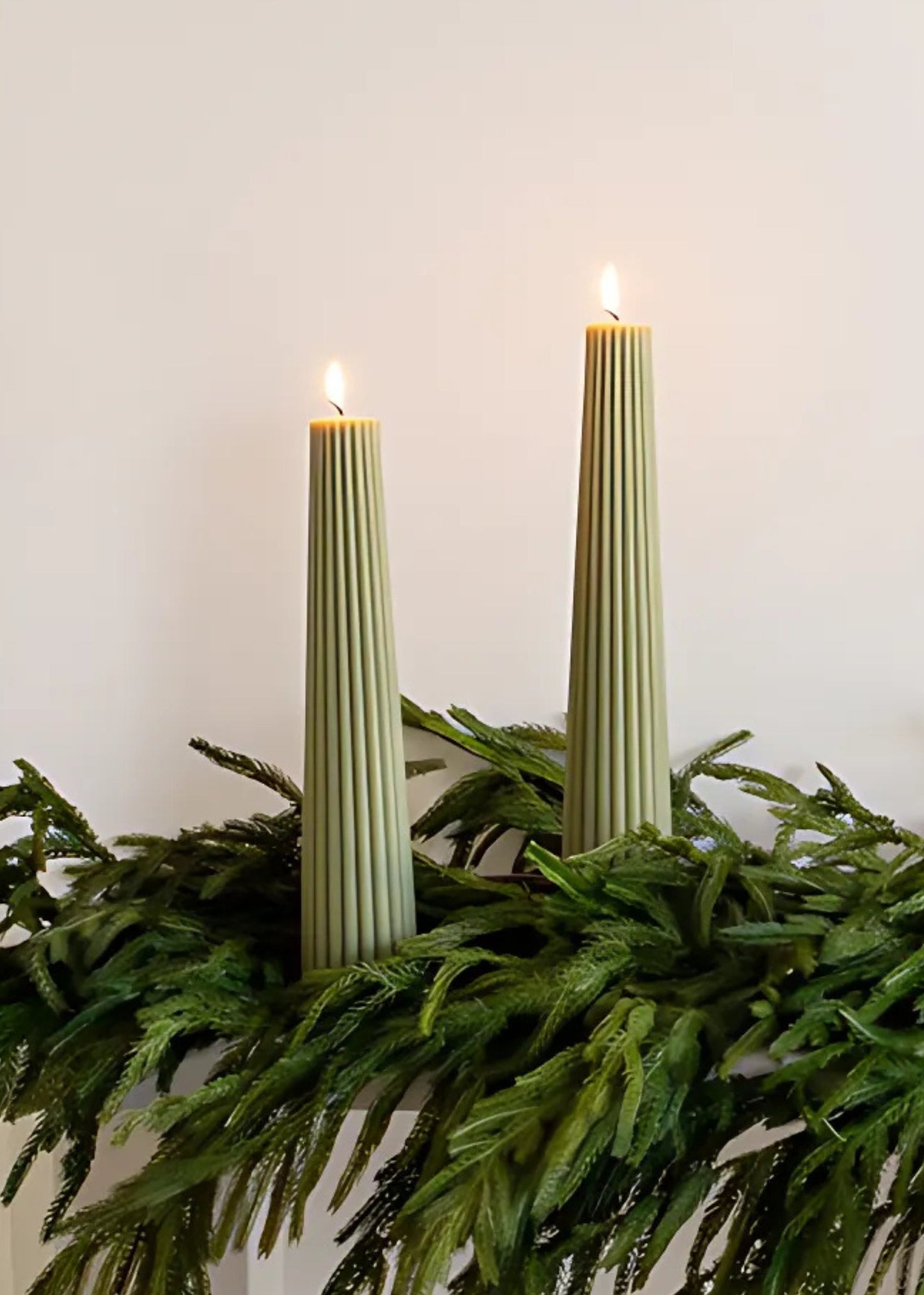 Natural Beeswax Fluted Pillar Candle in Sage - 13.5"