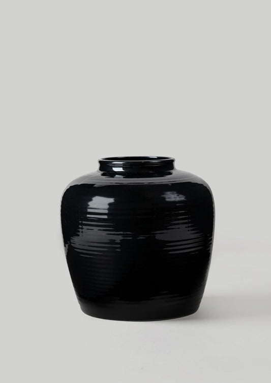 Glazed Afloral Ribbed Stoneware Table Vase in Noir - 8"