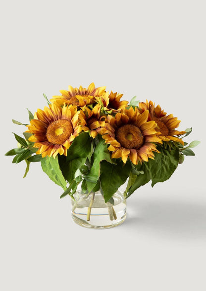 Faux Sunflower and Olive Leaf Arrangement in Glass Vase - 11"