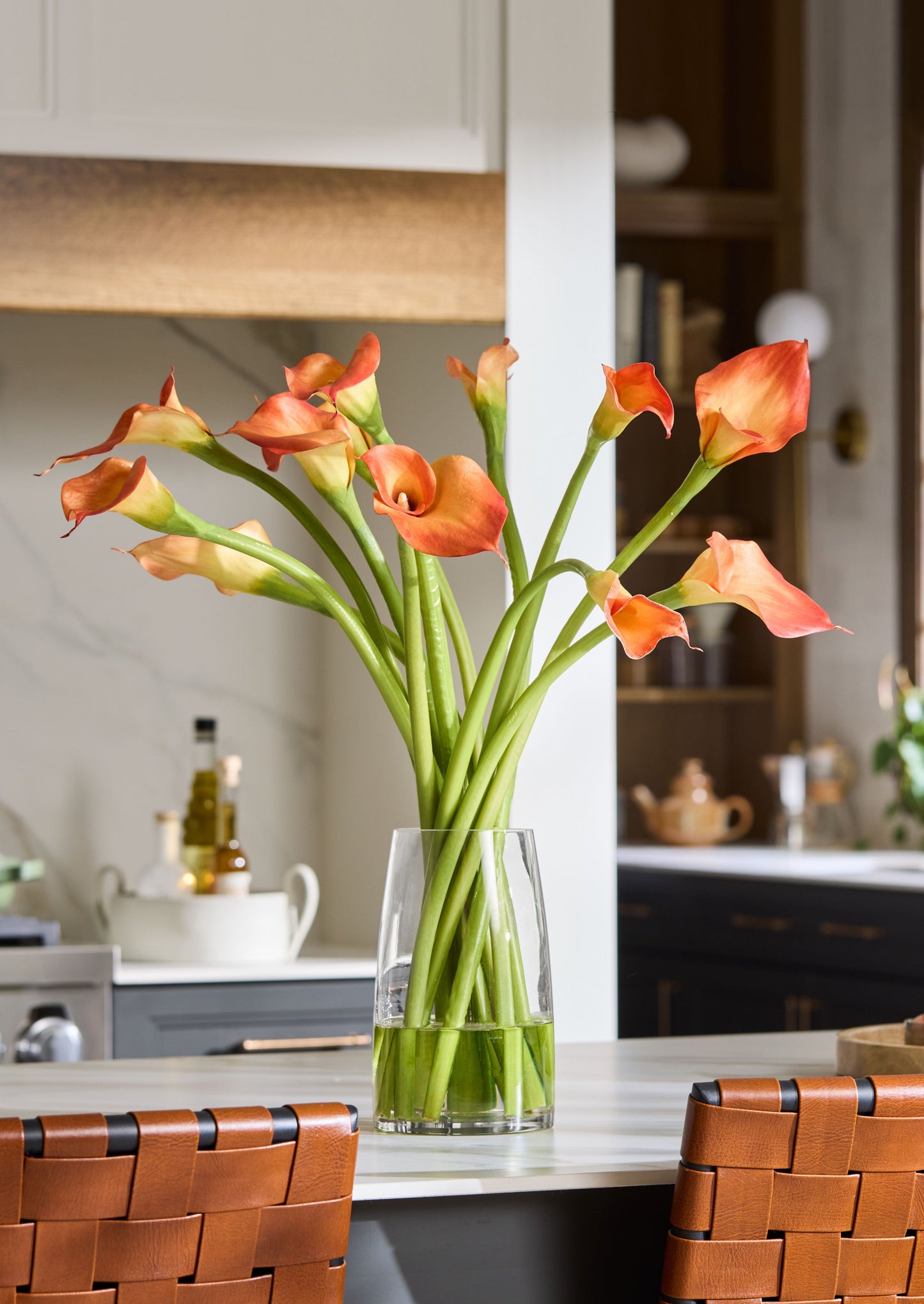 Orange Artificial Calla Lily Arrangement in Glass Vase - 30"