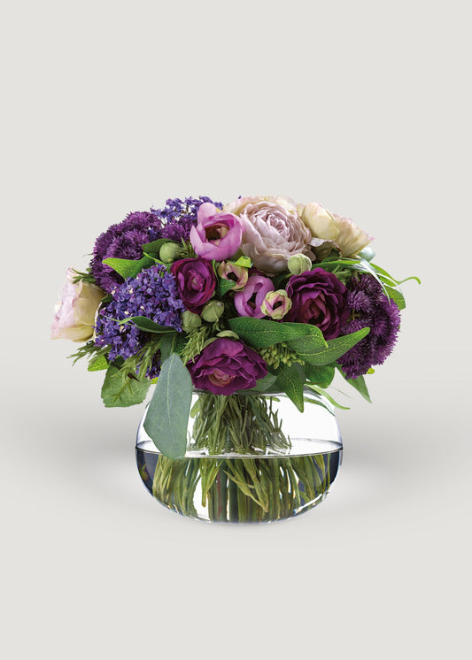 Purple Faux Rose and Ranunculus Arrangement in Vase - 10.5"