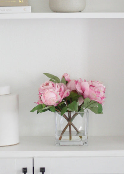 Small Pink Faux Peony Arrangement in Glass Vase - 9"