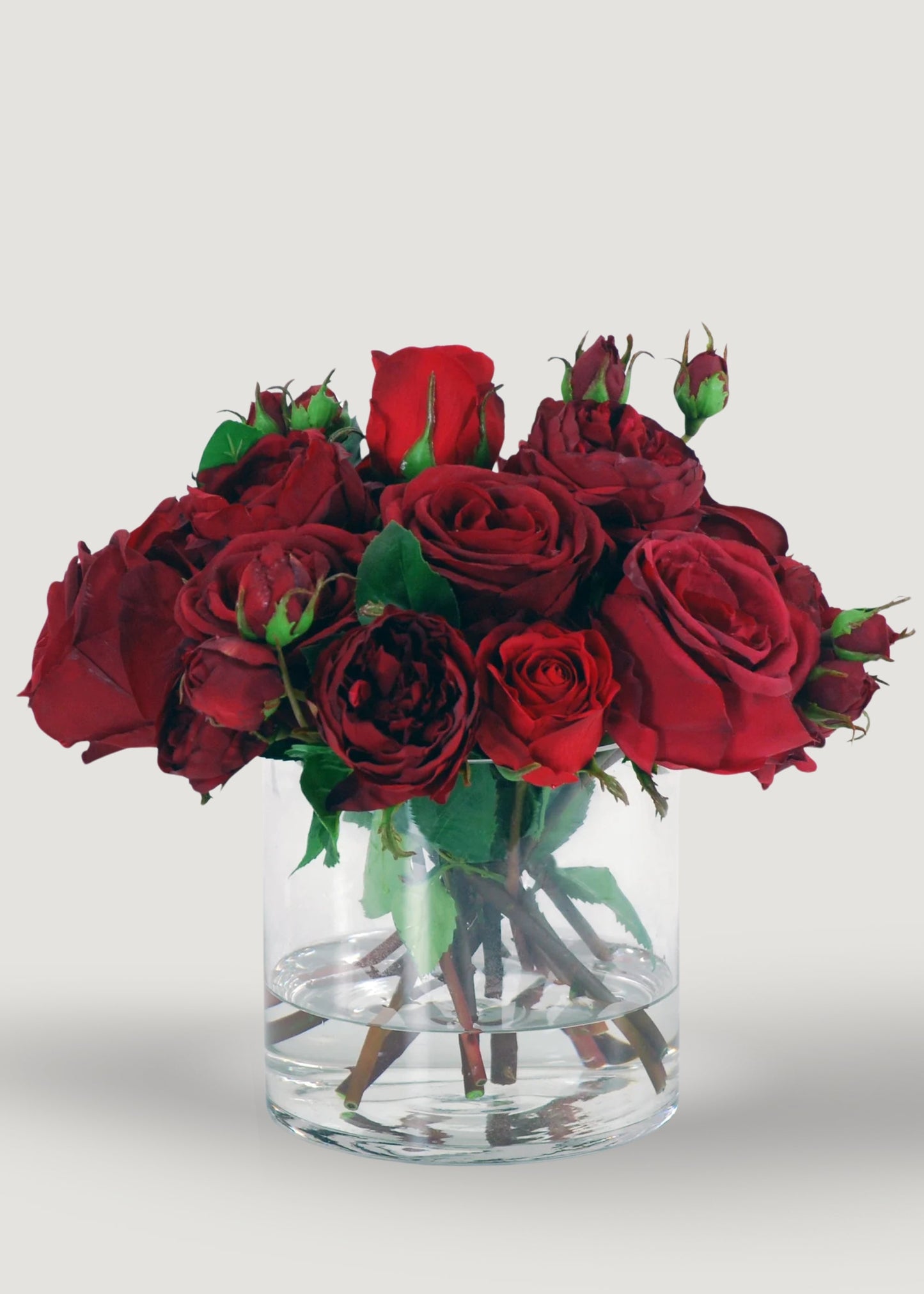 Faux Arrangement of Red Roses in Glass Vase - 13"